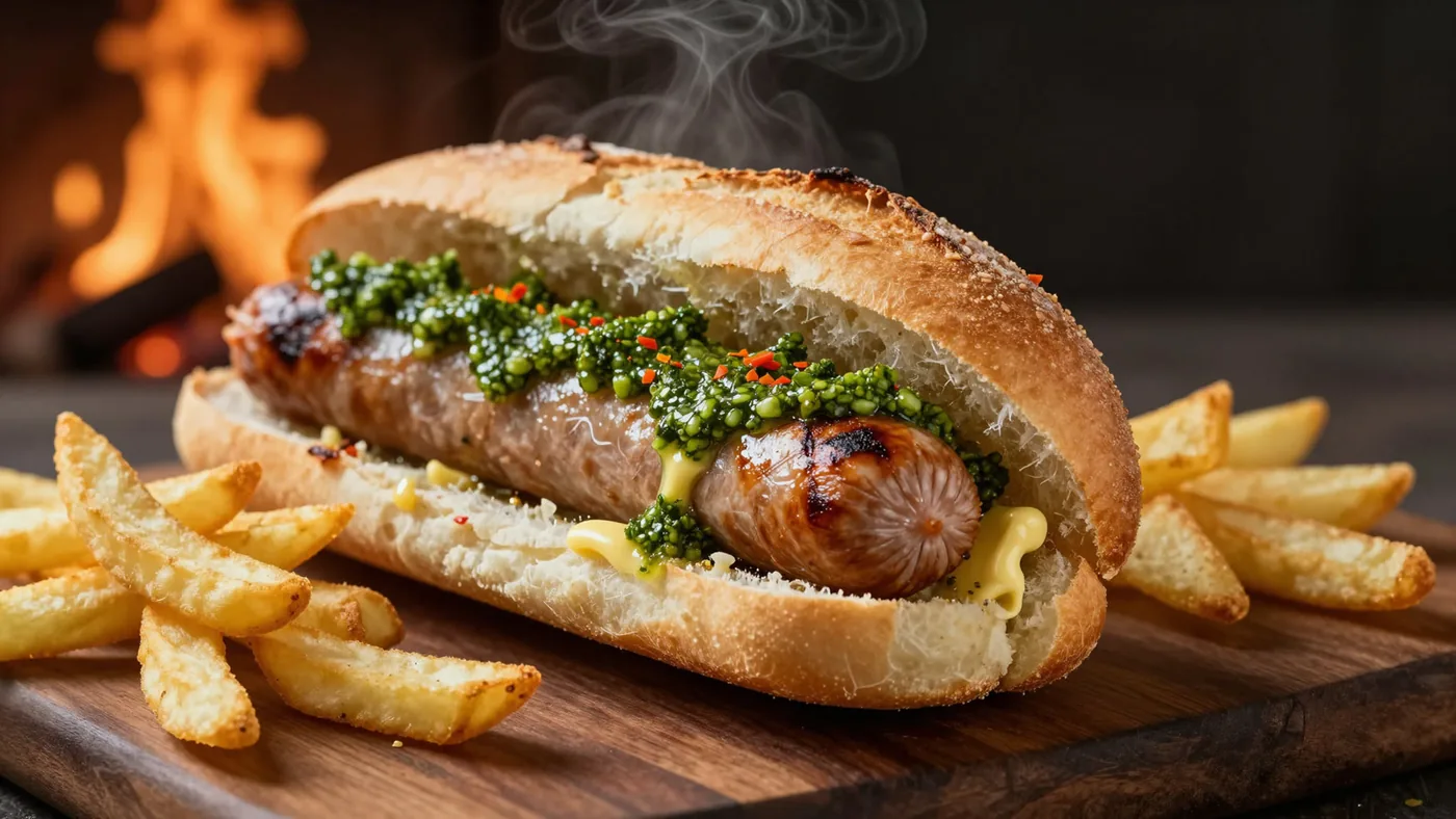 Choripán con chimichurri y papas fritas sobre tabla de madera