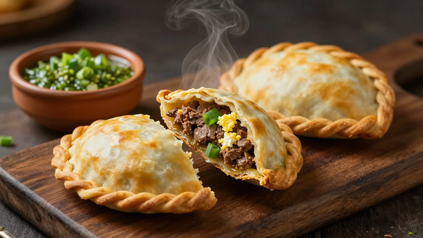 Empanadas abiertas mostrando el relleno, con chimichurri